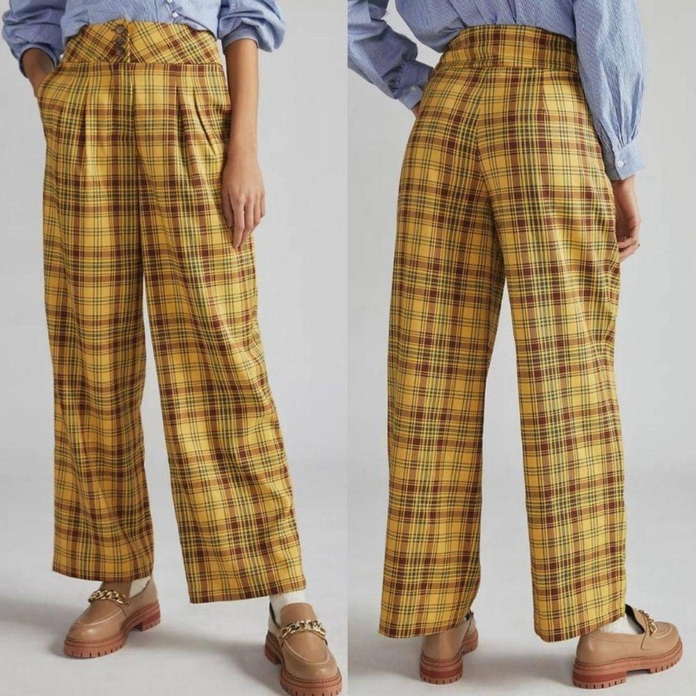 Anthropologie Womens S Mustard Plaid Wide Leg Pants High Rise Trouser Clueless